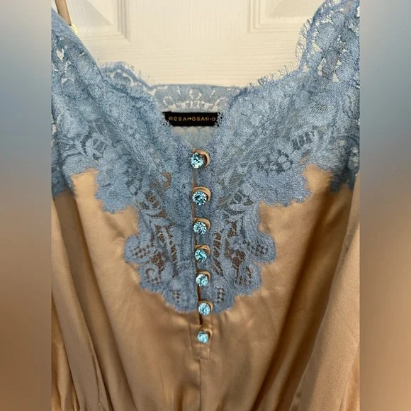 Rosamosario 100% Silk Satin and Chantilly French Lace Camisole Nude and Blue - Picture 3 of 17